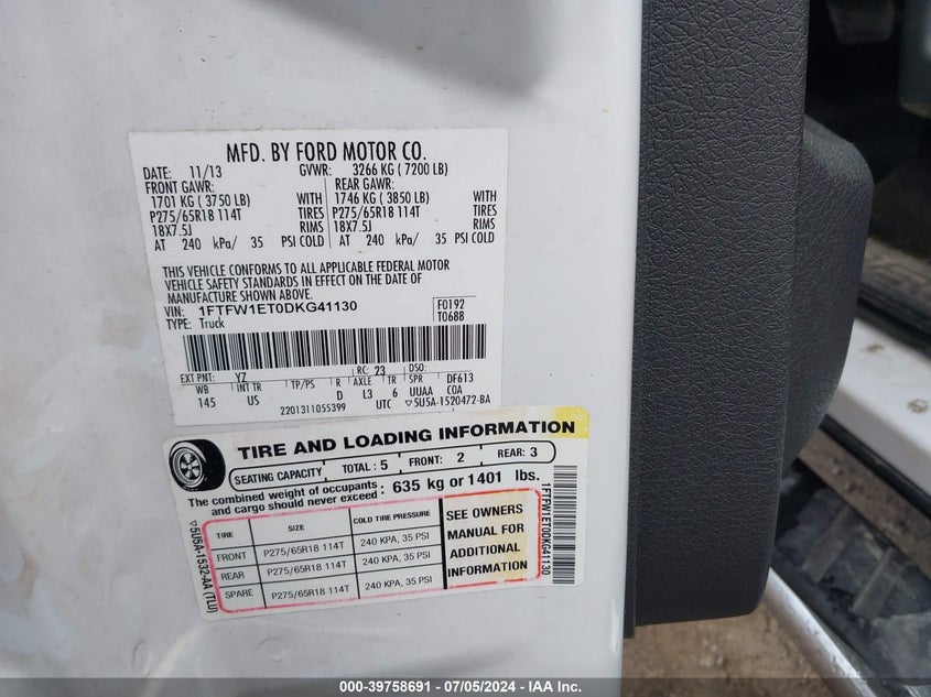 2013 Ford F-150 Xlt VIN: 1FTFW1ET0DKG41130 Lot: 39758691