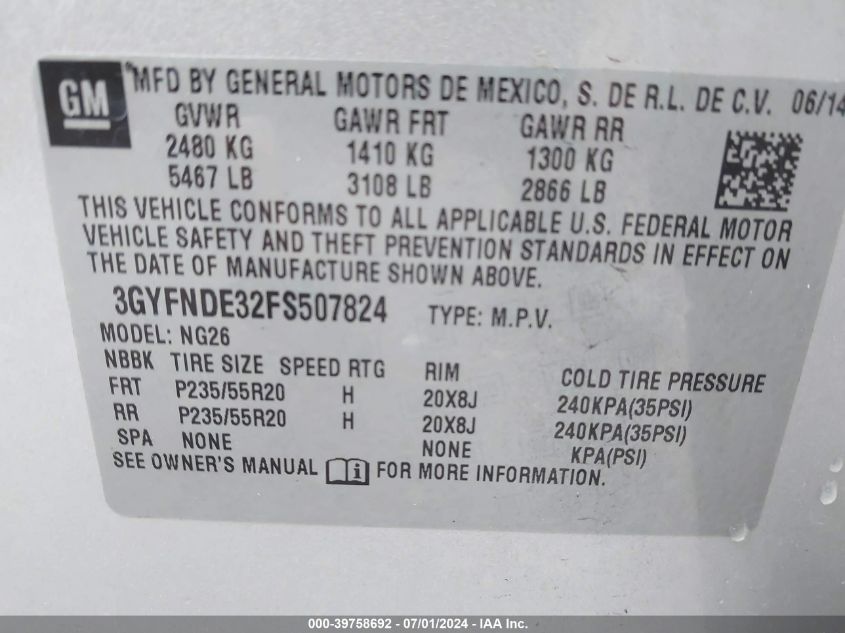 2015 Cadillac Srx Premium Collection VIN: 3GYFNDE32FS50782 Lot: 39758692