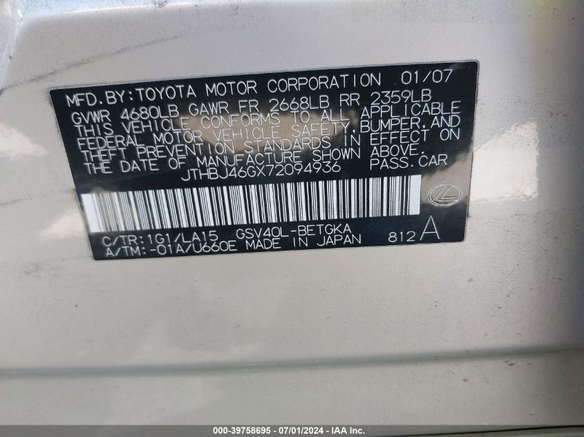 2007 Lexus Es 350 VIN: JTHBJ46GX72094936 Lot: 39758695