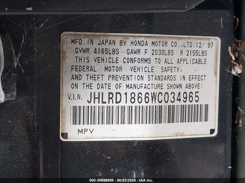 1998 Honda Cr-V Ex VIN: JHLRD1866WC034965 Lot: 39758699