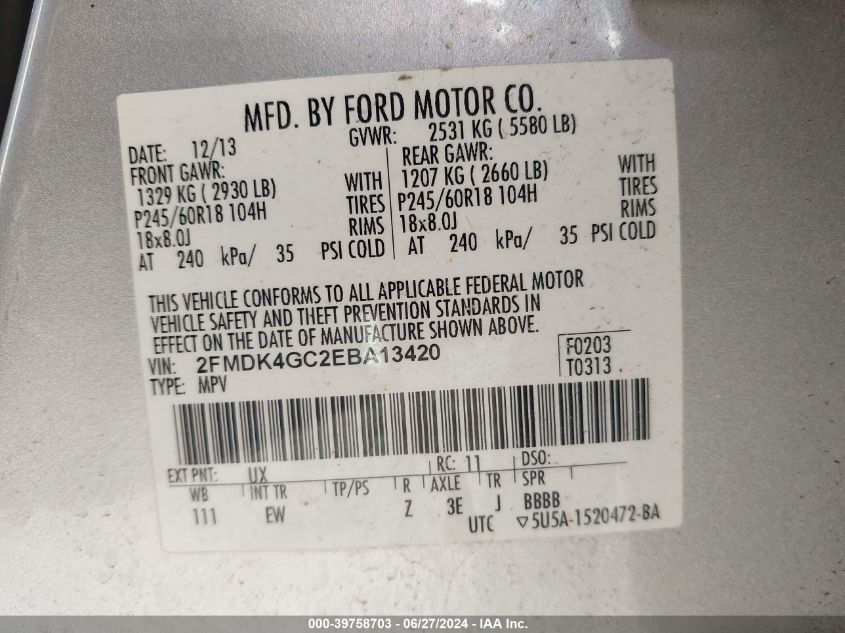 2FMDK4GC2EBA13420 2014 Ford Edge Se