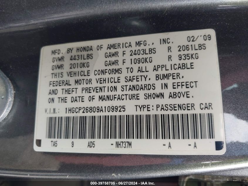 1HGCP26809A109925 | 2009 HONDA ACCORD