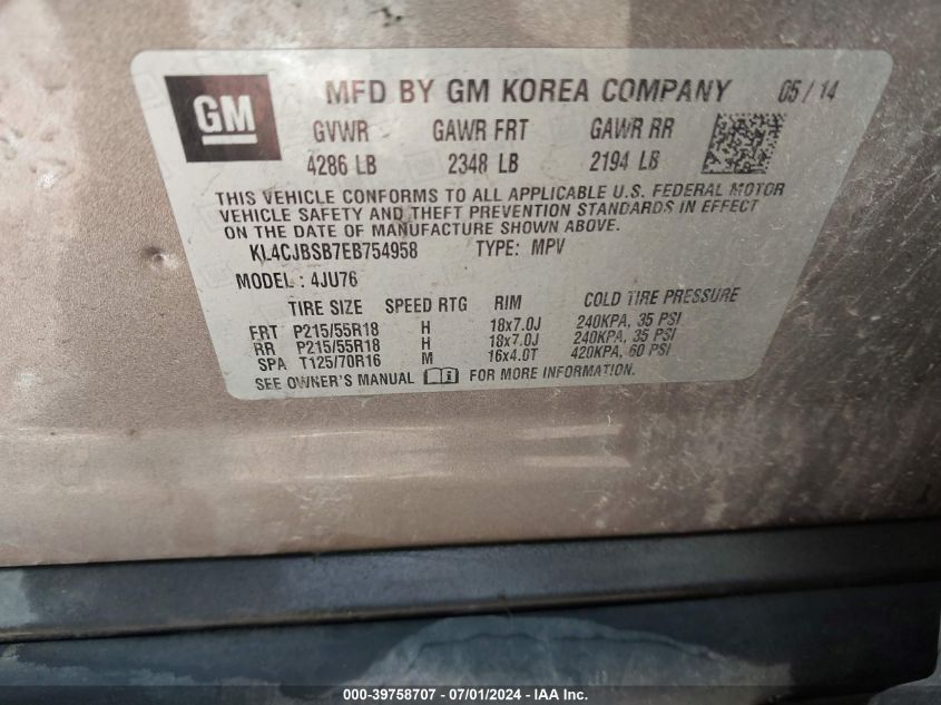 2014 Buick Encore Convenience VIN: KL4CJBSB7EB754958 Lot: 39758707