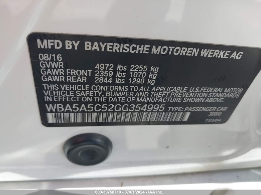 2016 BMW 528I VIN: WBA5A5C52GG354995 Lot: 39758710