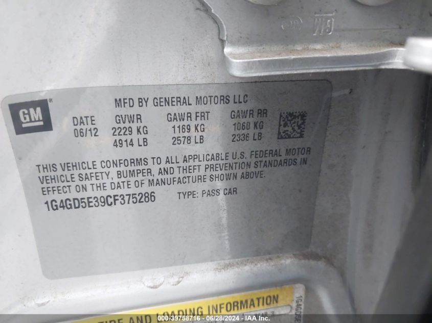 2012 Buick Lacrosse Premium VIN: 1G4GD5E39CF375286 Lot: 39758716