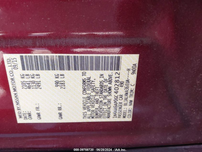 2016 Nissan Maxima 3.5S/Sv/Sl/Sr/Plat VIN: 1N4AA6AP0GC402812 Lot: 39758720