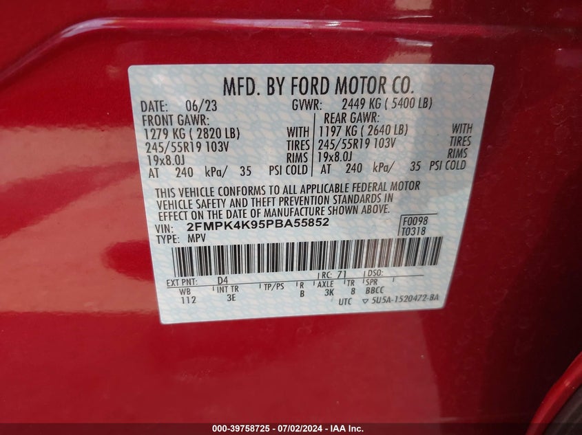 2023 Ford Edge Titanium VIN: 2FMPK4K95PBA55852 Lot: 39758725