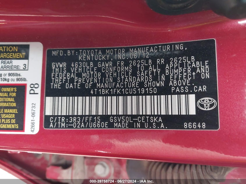 2012 Toyota Camry Se/Xle VIN: 4T1BK1FK1CU519150 Lot: 39758724