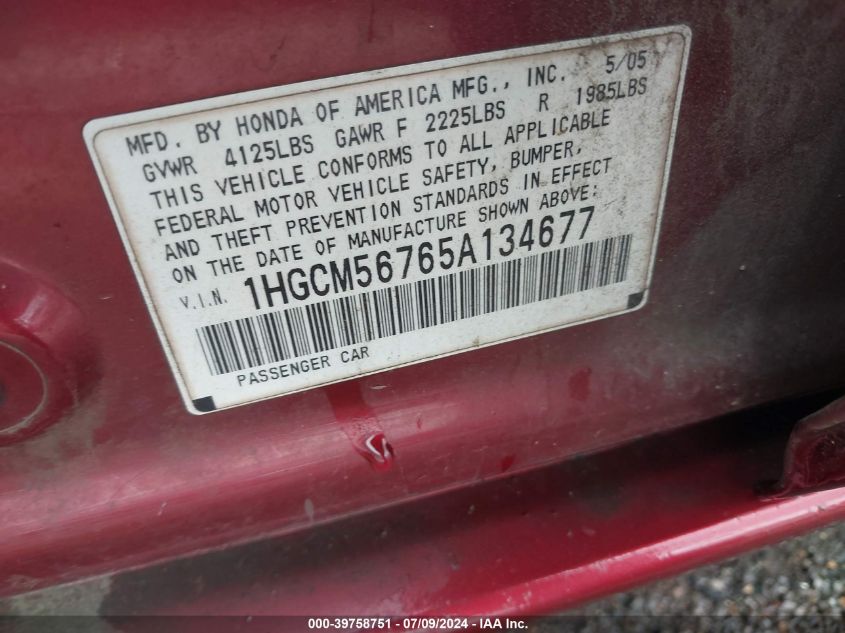 2005 Honda Accord 2.4 Ex VIN: 1HGCM56765A134677 Lot: 39758751