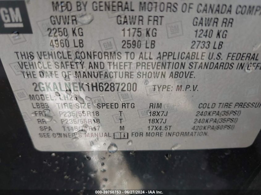 2017 GMC Terrain Sle-2 VIN: 2GKALNEK1H6287200 Lot: 39758753