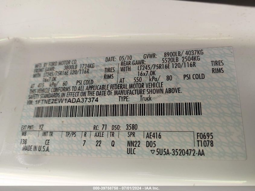 2010 Ford E-250 Commercial/Recreational VIN: 1FTNE2EW1ADA37374 Lot: 39758758