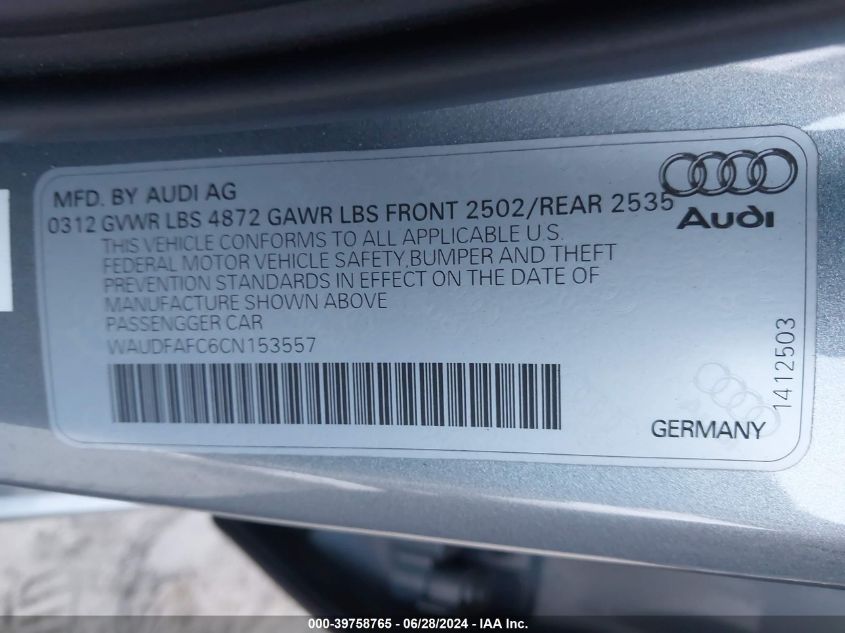 2012 Audi A6 Premium Plus VIN: WAUDFAFC6CN153557 Lot: 39758765