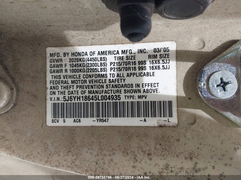 2005 Honda Element Ex VIN: 5J6YH18645L004935 Lot: 39758766
