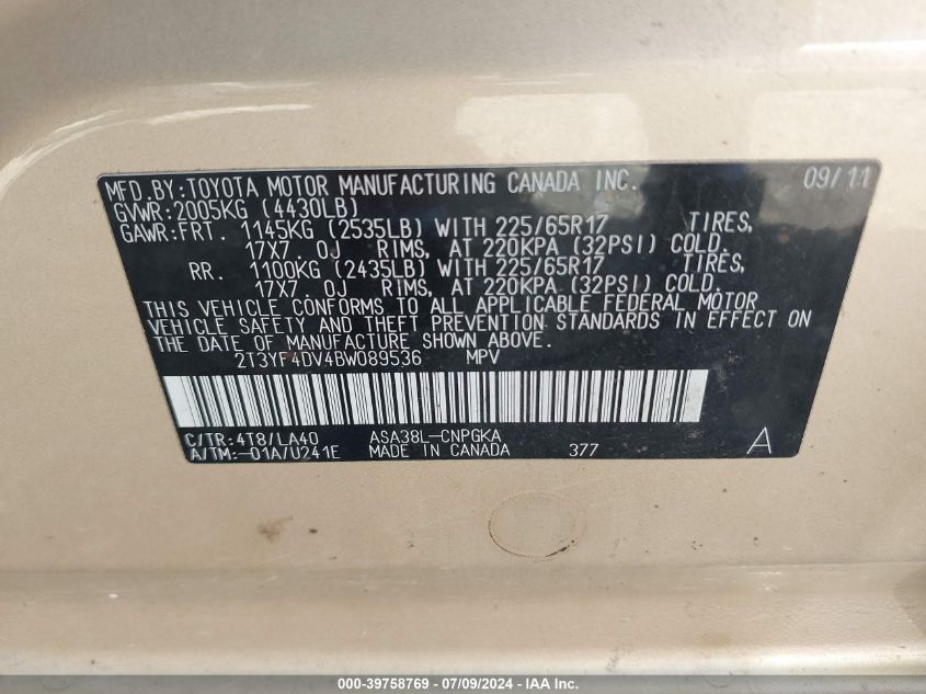 2T3YF4DV4BW089536 2011 Toyota Rav4 Limited