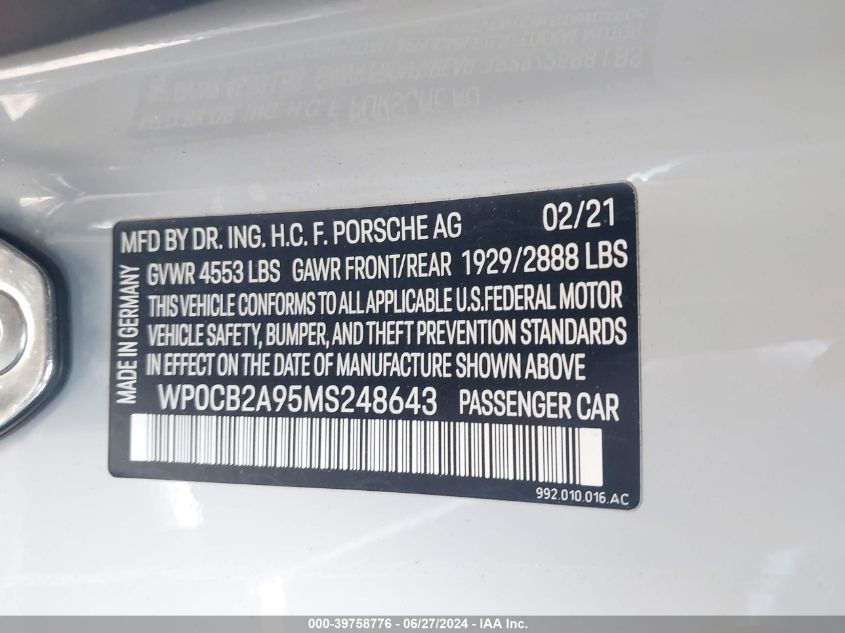 2021 Porsche 911 Carrera S/Carrera 4S/Carrera Gts/Carrera 4 Gts VIN: WP0CB2A95MS248643 Lot: 39758776