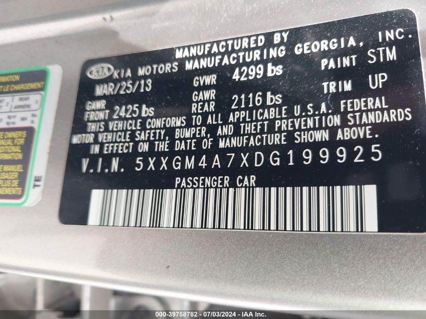 2013 Kia Optima Lx VIN: 5XXGM4A7XDG199925 Lot: 39758782