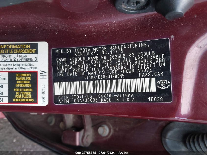 2016 Toyota Avalon Xle Plus VIN: 4T1BK1EB0GU198015 Lot: 39758785