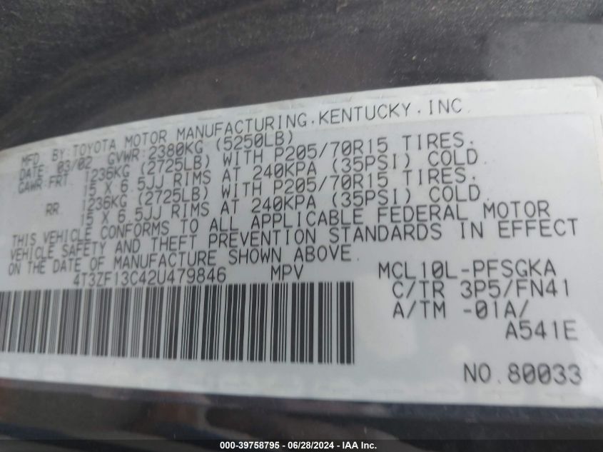 2002 Toyota Sienna Le VIN: 4T3ZF13C42U479846 Lot: 39758795