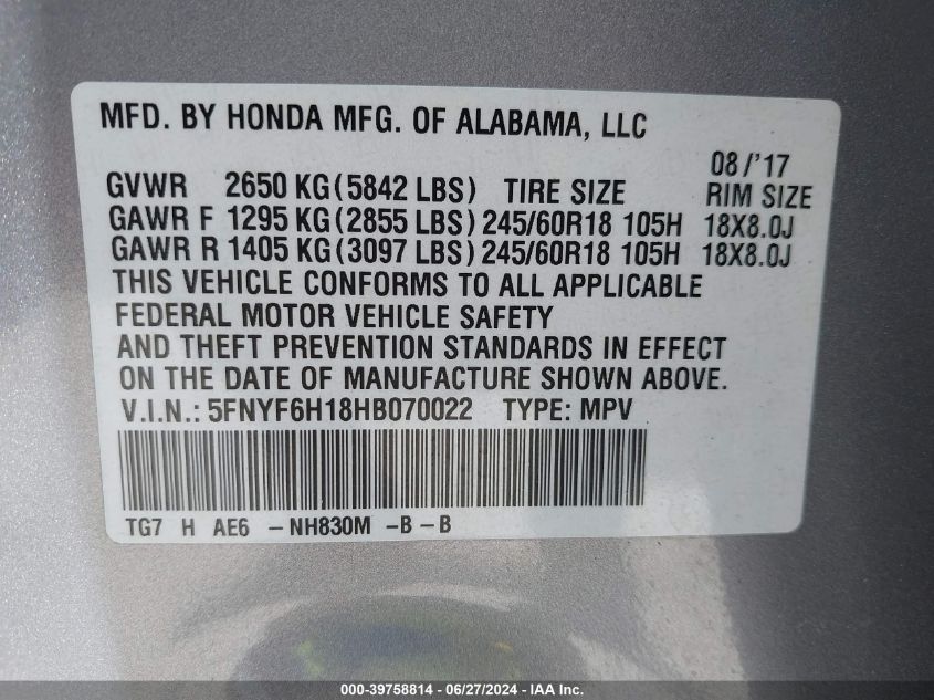 2017 Honda Pilot Lx VIN: 5FNYF6H18HB070022 Lot: 40301494