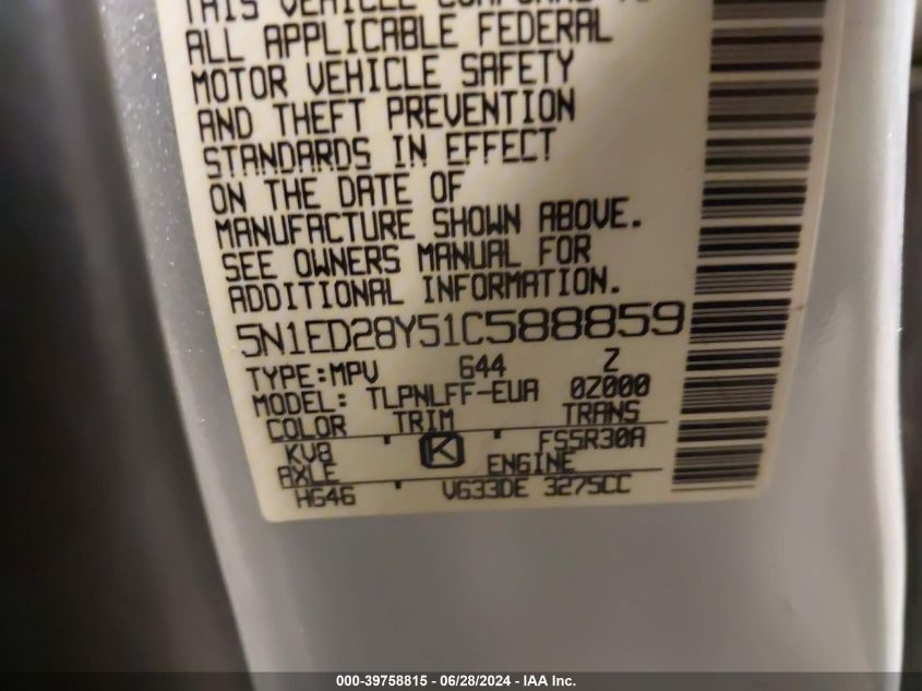 2001 Nissan Xterra Se VIN: 5N1ED28Y51C588859 Lot: 39758815