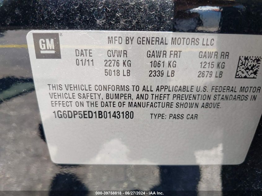 2011 Cadillac Cts Premium VIN: 1G6DP5ED1B0143180 Lot: 39758818