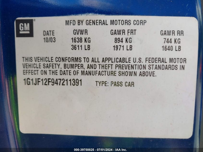 2004 Chevrolet Cavalier Ls VIN: 1G1JF12F947211391 Lot: 39758825