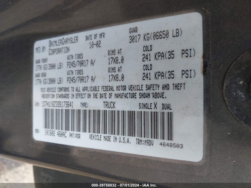 2003 Dodge Ram 1500 Slt/Laramie/St VIN: 1D7HU18Z33S173641 Lot: 39758832