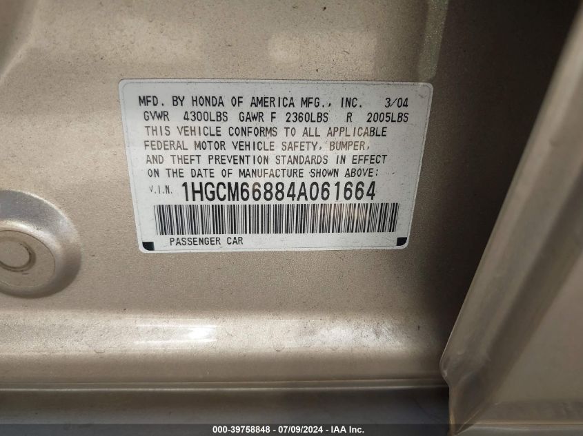 2004 Honda Accord Ex VIN: 1HGCM66884A061664 Lot: 39758848