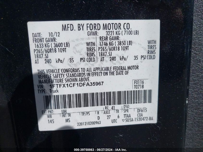 2013 Ford F-150 Xlt VIN: 1FTFX1CF1DFA35967 Lot: 39758863