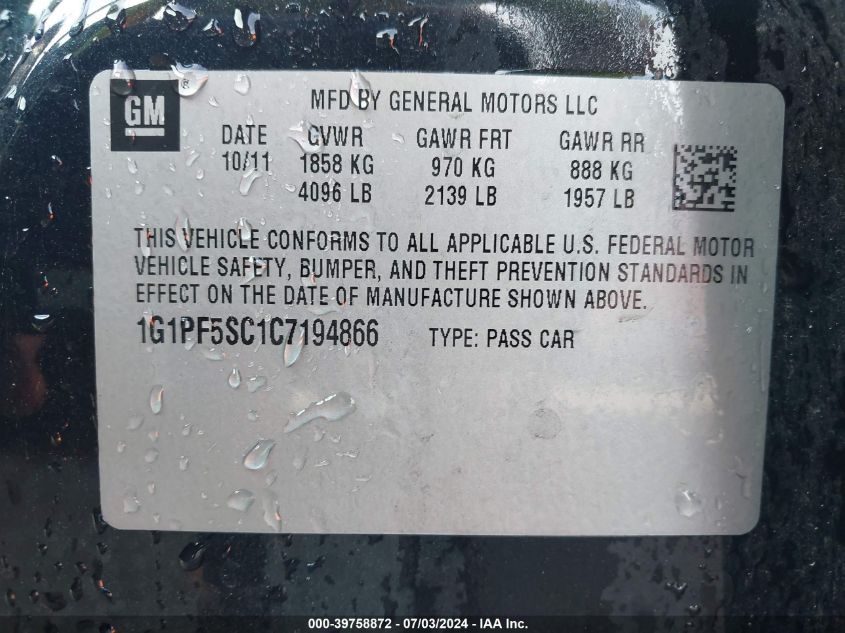 2012 Chevrolet Cruze 1Lt VIN: 1G1PF5SC1C7194866 Lot: 39758872