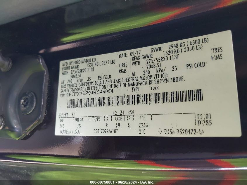 2018 Ford F-150 Super Cab VIN: 1FTEX1EP9JKC44054 Lot: 39758881