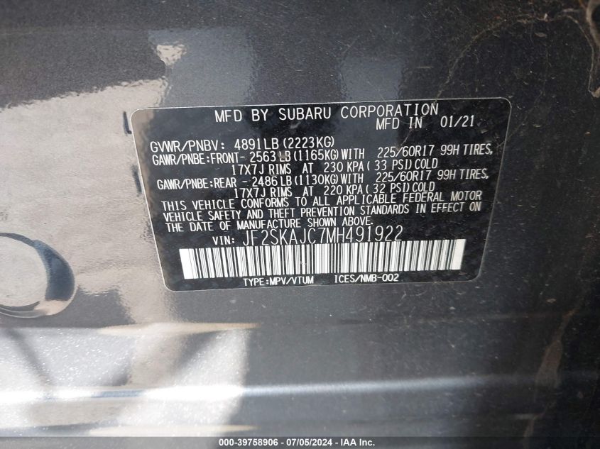 2021 Subaru Forester Premium VIN: JF2SKAJC7MH491922 Lot: 39758906