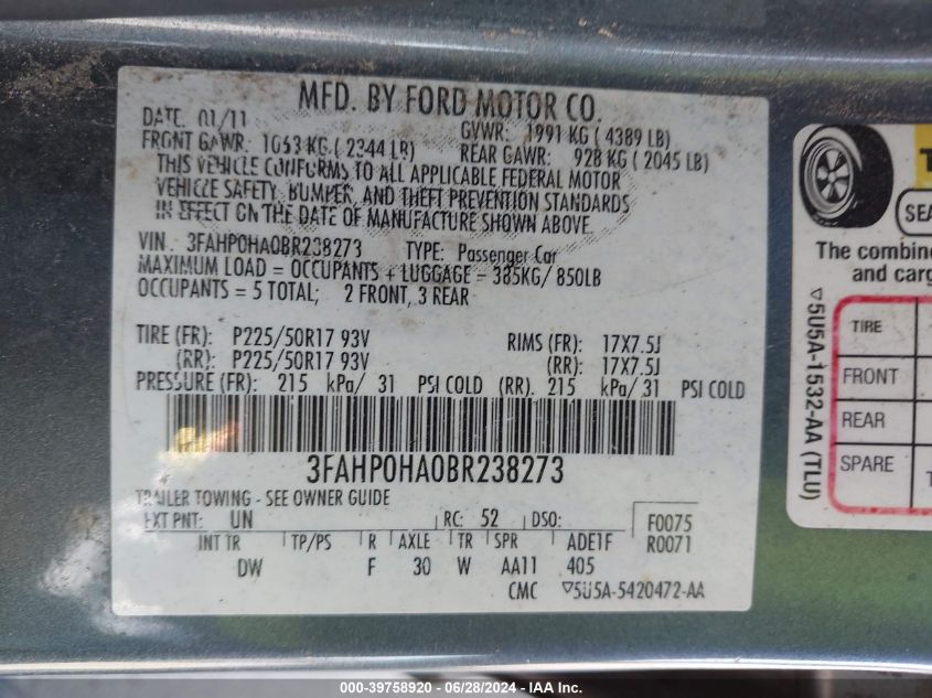 2011 Ford Fusion Se VIN: 3FAHP0HA0BR238273 Lot: 39758920