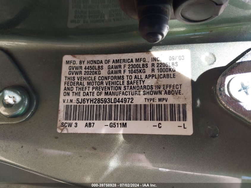 2003 Honda Element Ex VIN: 5J6YH28593L044972 Lot: 39758928