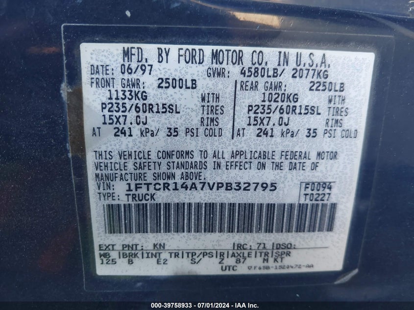 1997 Ford Ranger Xl/Xlt VIN: 1FTCR14A7VPB32795 Lot: 39758933