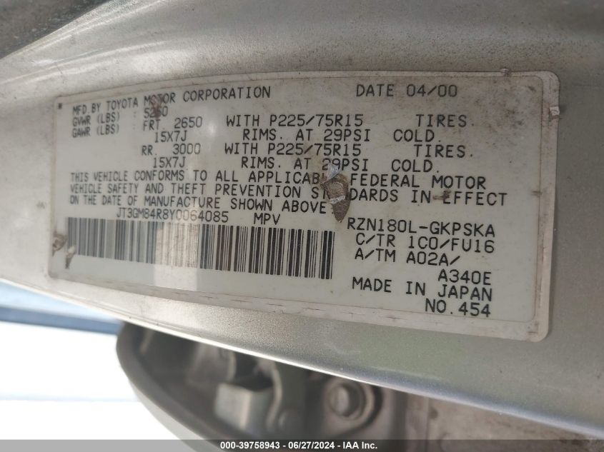 2000 Toyota 4Runner VIN: JT3GM84R8Y0064085 Lot: 39758943