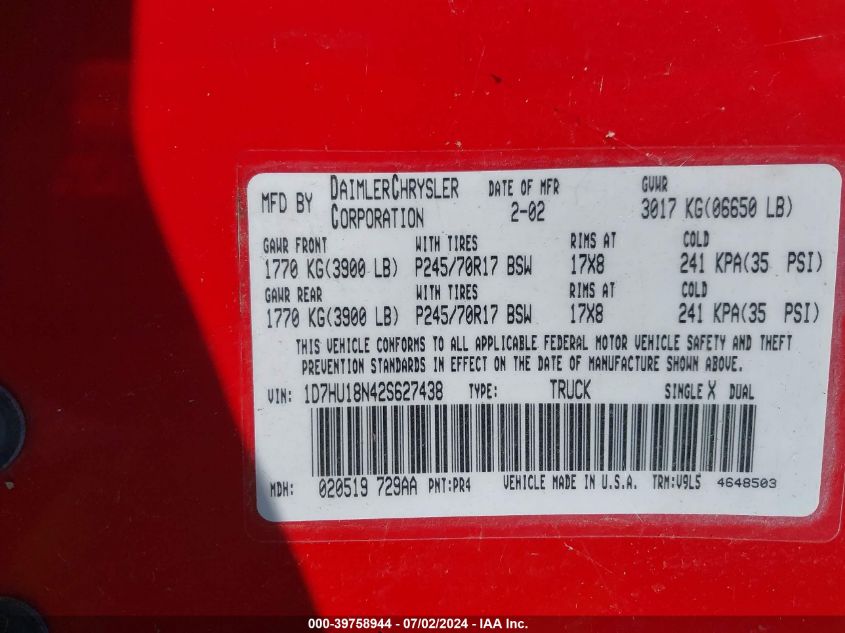 2002 Dodge Ram 1500 St VIN: 1D7HU18N42S627438 Lot: 39758944