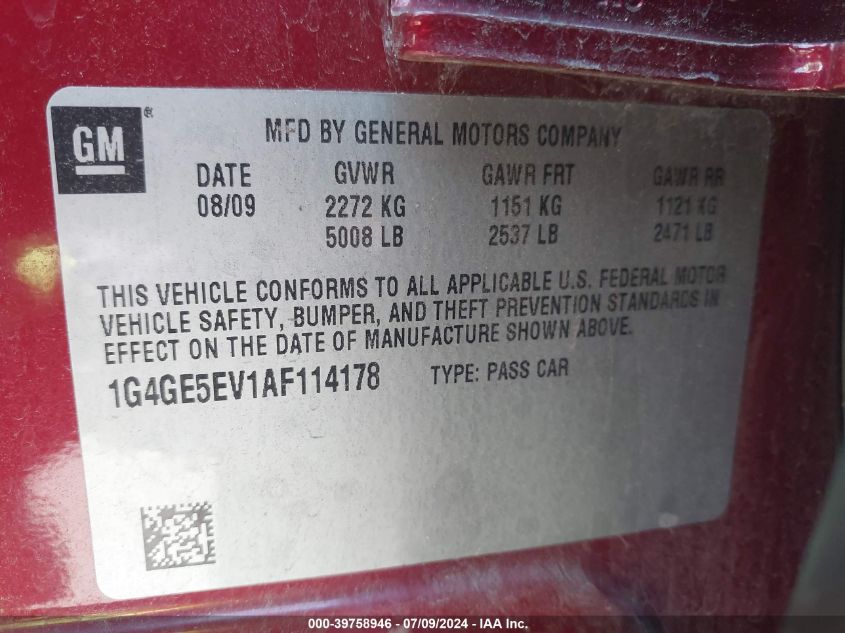 2010 Buick Lacrosse Cxs VIN: 1G4GE5EV1AF114178 Lot: 39758946