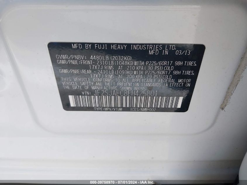 2014 Subaru Forester 2.5I Premium VIN: JF2SJAEC8EH425801 Lot: 39758970