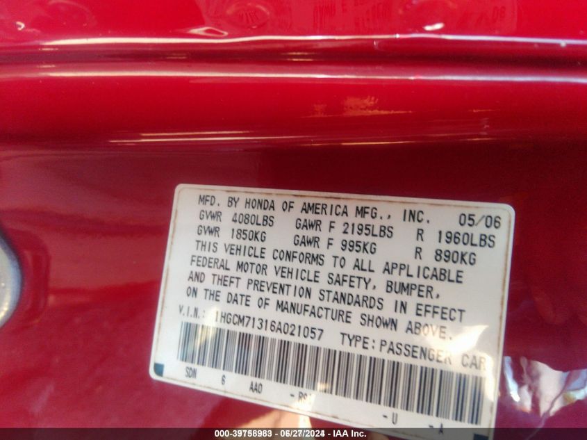 2006 Honda Accord 2.4 Lx VIN: 1HGCM71316A021057 Lot: 39758983