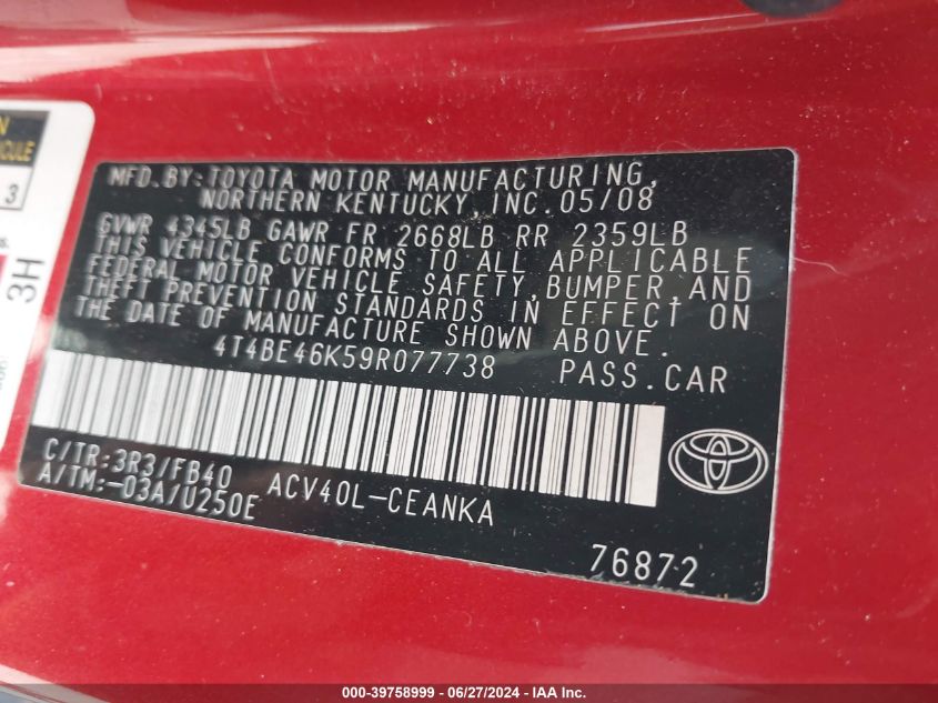 4T4BE46K59R077738 | 2009 TOYOTA CAMRY