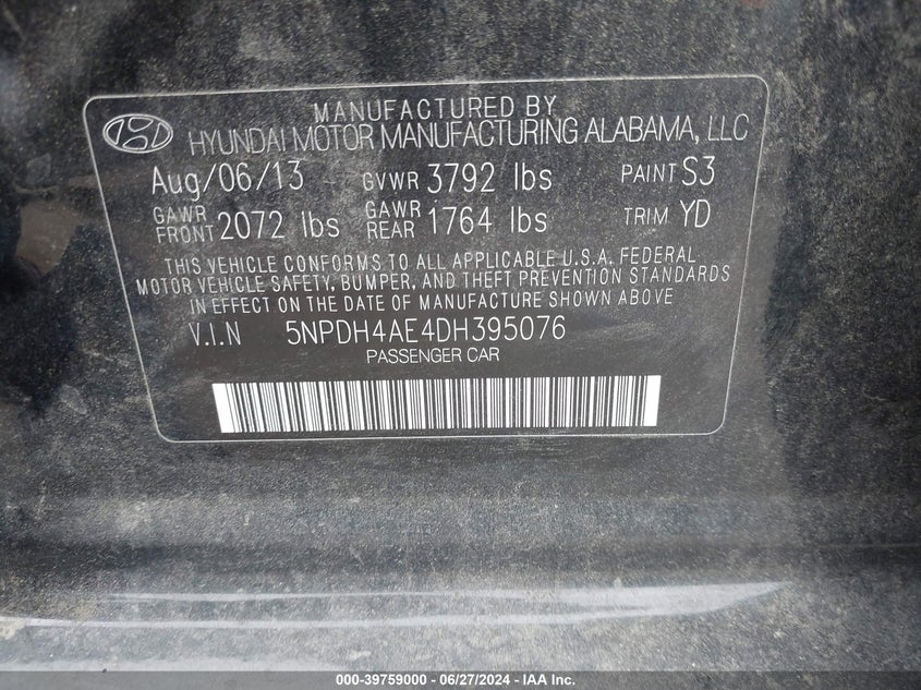 2013 Hyundai Elantra Gls VIN: 5NPDH4AE4DH395076 Lot: 39759000