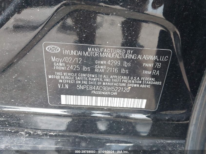 5NPEB4AC9DH522120 2013 Hyundai Sonata Gls