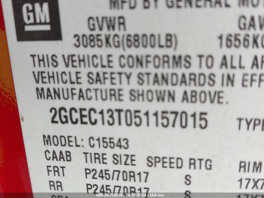 2005 Chevrolet Silverado 1500 Lt VIN: 2GCEC13T051157015 Lot: 39759005