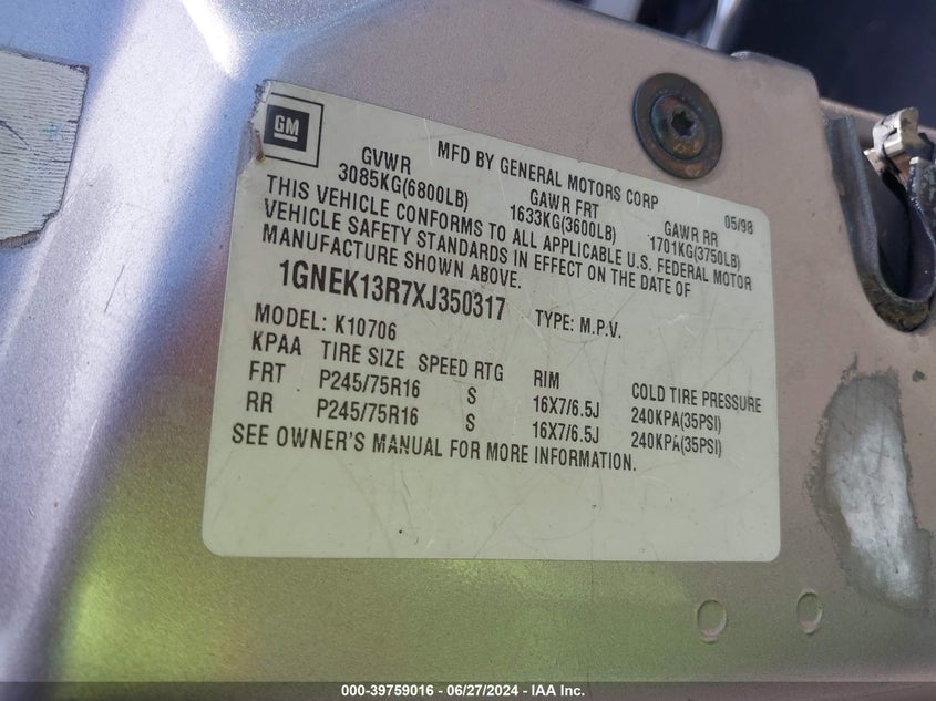 1999 Chevrolet Tahoe K1500 VIN: 1GNEK13R7XJ350317 Lot: 39759016