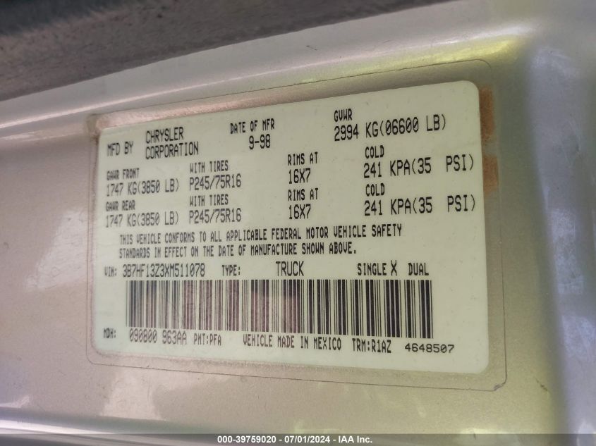 1999 Dodge Ram 1500 St VIN: 3B7HF13Z3XM511078 Lot: 39759020