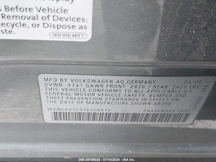 2007 Volkswagen Passat 2.0T VIN: WVWLK93C97E008515 Lot: 39759025