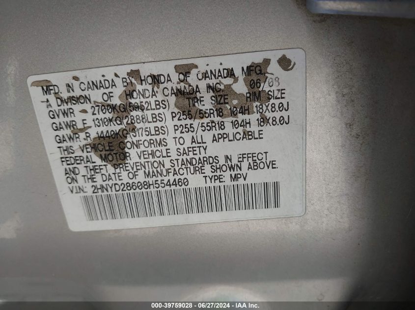 2008 Acura Mdx Technology Package VIN: 2HNYD28608H554460 Lot: 39759028