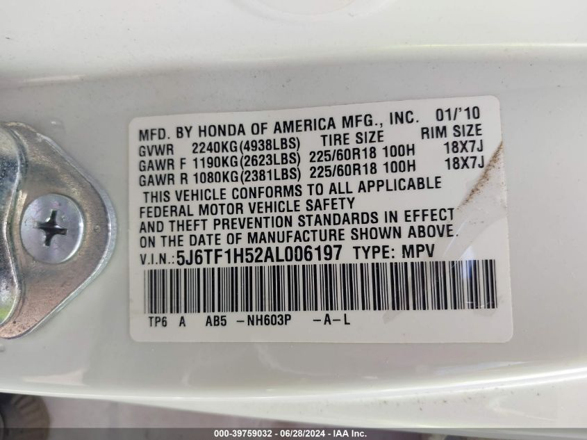 2010 Honda Accord Crosstour Ex-L VIN: 5J6TF1H52AL006197 Lot: 39759032