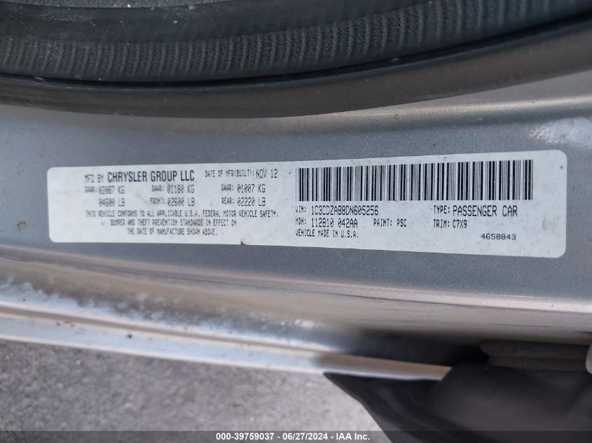 2013 Dodge Avenger Se VIN: 1C3CDZAB8DN605256 Lot: 39759037